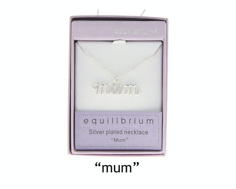 Equilibrium, silver plated word necklace, mum