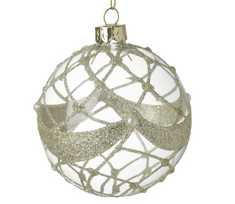 Detailed Clear Glass Bauble Decoration with intricate gold glitter detail