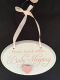 Please knock softly baby sleeping, pink hanging plaque