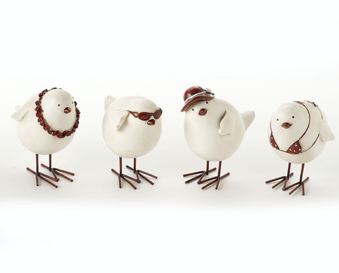 Funky Birds, white birds with red and white accessories