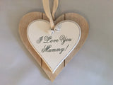 "I Love You Mummy", double heart plaque, close up