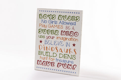 Boys Rules, Colourful white wooden plaque