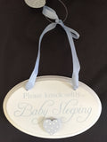Please knock softly baby sleeping, blue hanging plaque
