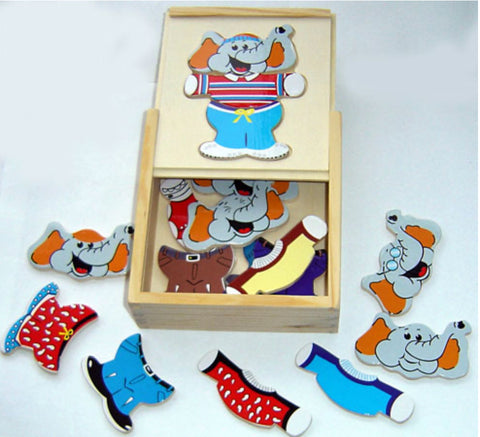 Wooden, Boxed Elephant Puzzle with Clothes
