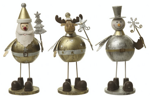 Gold, metal standing Santa, Reindeer and Snowman, Heaven Sends