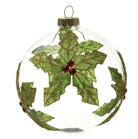 Hanging Glass Bauble with a Holly Leaf design