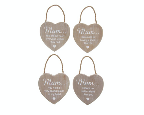 Mum - Wooden Hanging Heart, heart strings