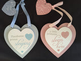 Double heart plaques: pink (princess sleeps here) and blue (handsome prince sleeping)
