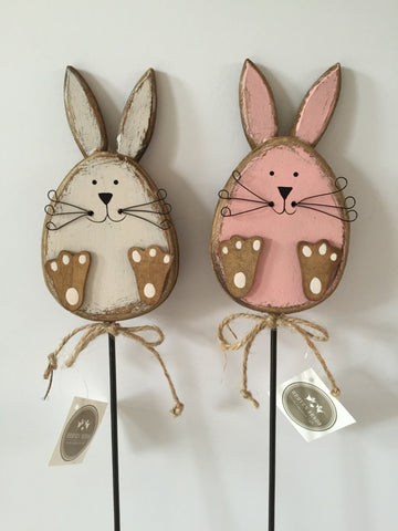 Wooden, Shabby Chic, Pink/Cream Rabbit on a Stick