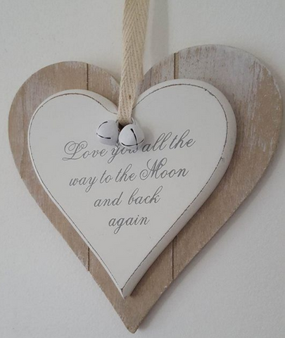 Love you all the way to the Moon and back again, Shabby Chic double hanging heart