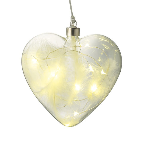 Glass Hanging Heart with Lights and White Feathers
