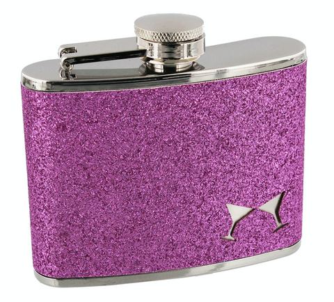Sophia, 4oz Ladies Pink Glitter Hip Flask with funnel