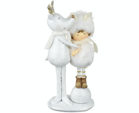 White Reindeer with child cuddling, Heaven Sends
