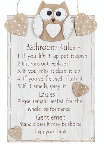 Woody Owl Bathroom Rules Plaque, close up