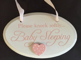 Please knock softly baby sleeping, pink hanging plaque, close up